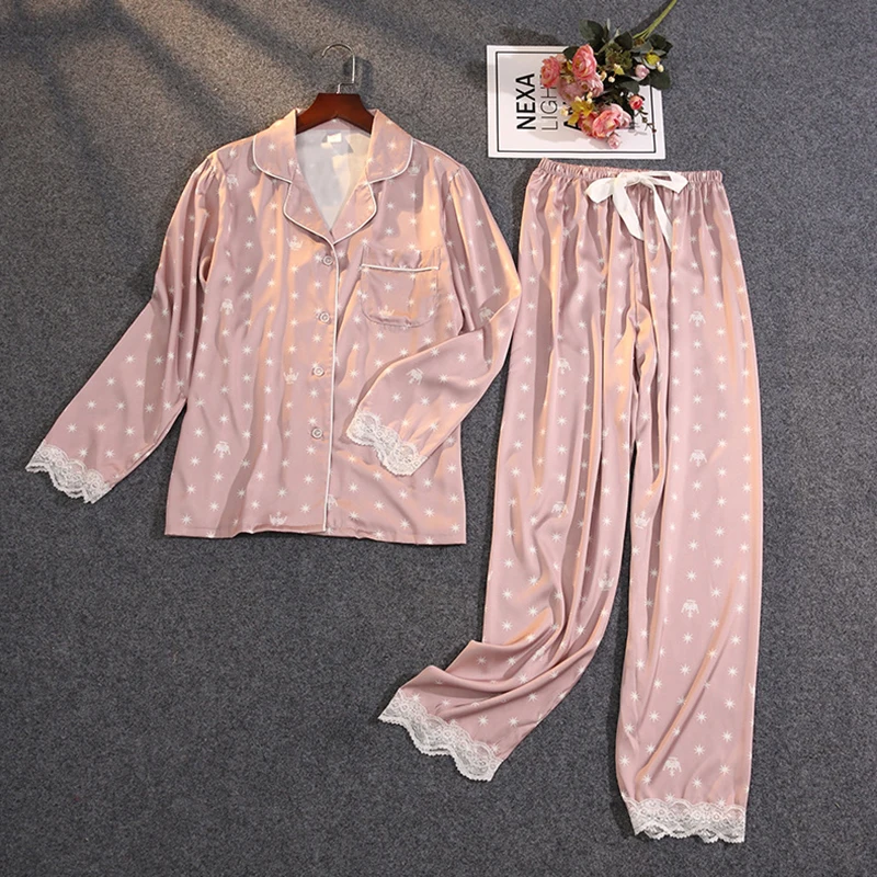 

Spring Summer Home Clothes for Women Silk Pajamas for Women Sleepwear Set Pyjama Satin Lace Pijama Mujer Sweet Home Suit Casual