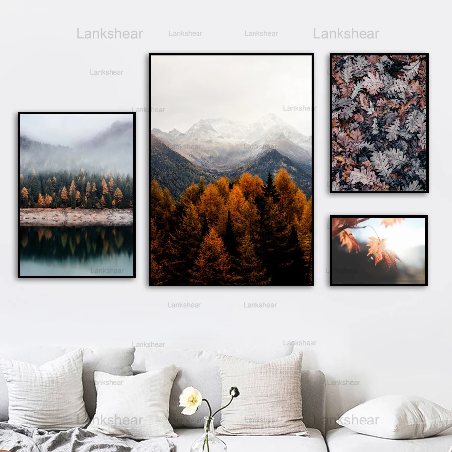 

Landscape Wall Art Canvas Painting Mountain Fog Maple Leaf Nordic Posters and Prints Wall Pictures for Living Room Hotel Decor