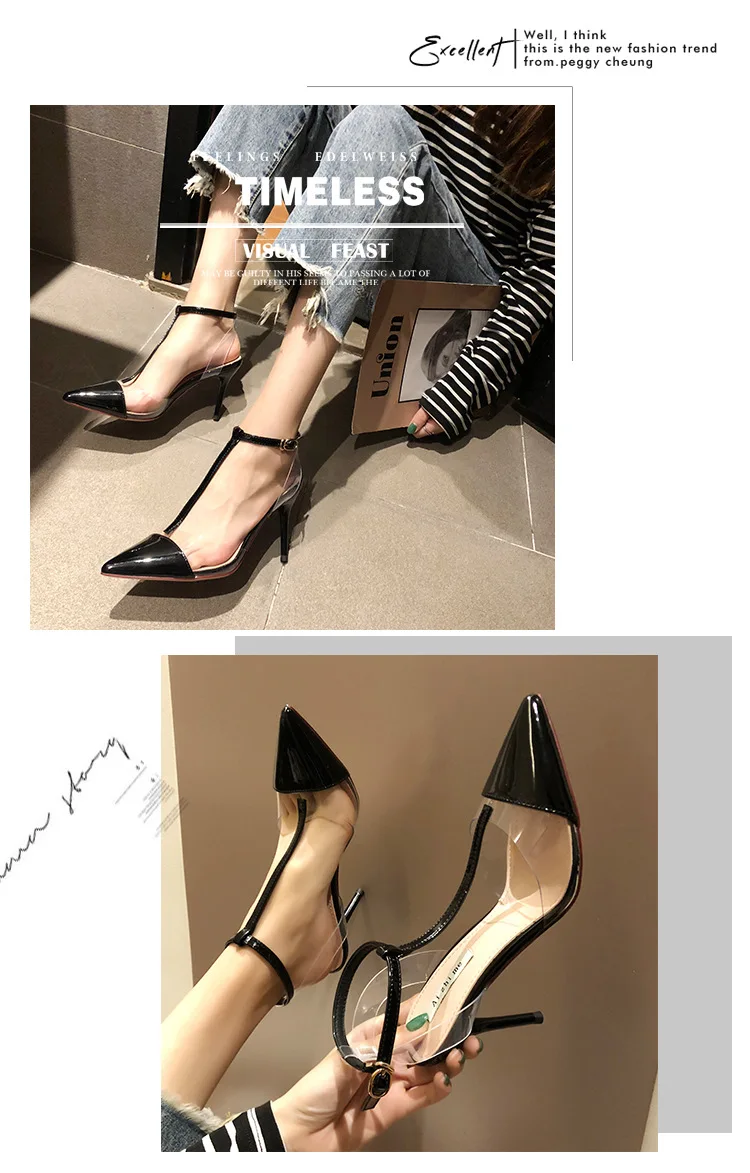 Новинка; женские прозрачные босоножки на высоком каблуке с острым носком и Т-образным ремешком; босоножки с ремешком на пятке; прозрачная обувь с пряжкой; Zapatos De Mujer