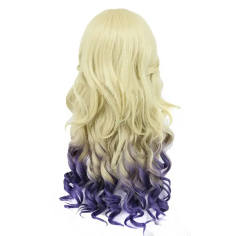 Mal Descendants 2 Long Curly Light Gold Gradient Purple Cosplay Anime Wig+ Free Wig Cap