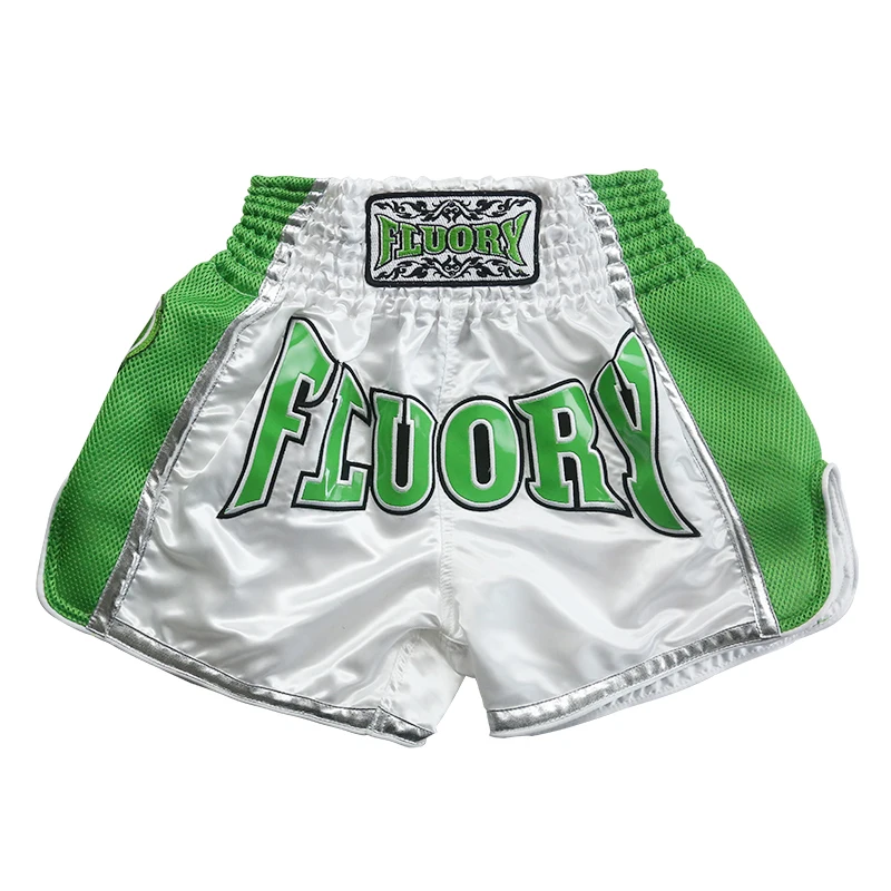 Детские шорты fluory Muay Thai с вышивкой, накладные кикбоксерские шорты - Цвет: White and green