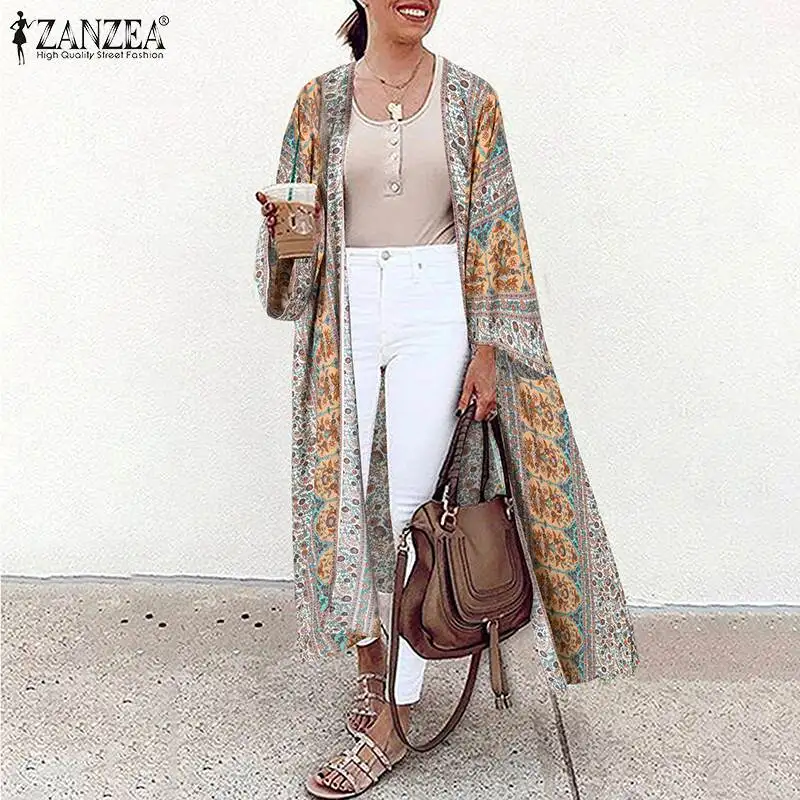 ZANZEA 여성용 빈티지 꽃무늬 프린트 블라우스, 비치 가디건, 보헤미안 긴 소매 오픈 프론트 기모노, 루즈 롱 셔츠, 휴일, 여름