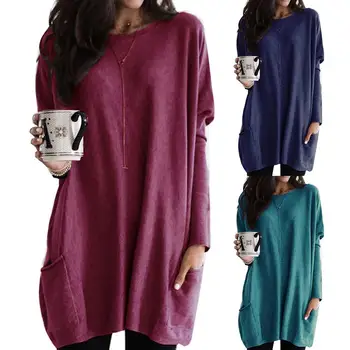 

Dress Women Casual Loose Dress Pocket Ladies Fashion Round Neck Long sleeve Female t shirt Dress