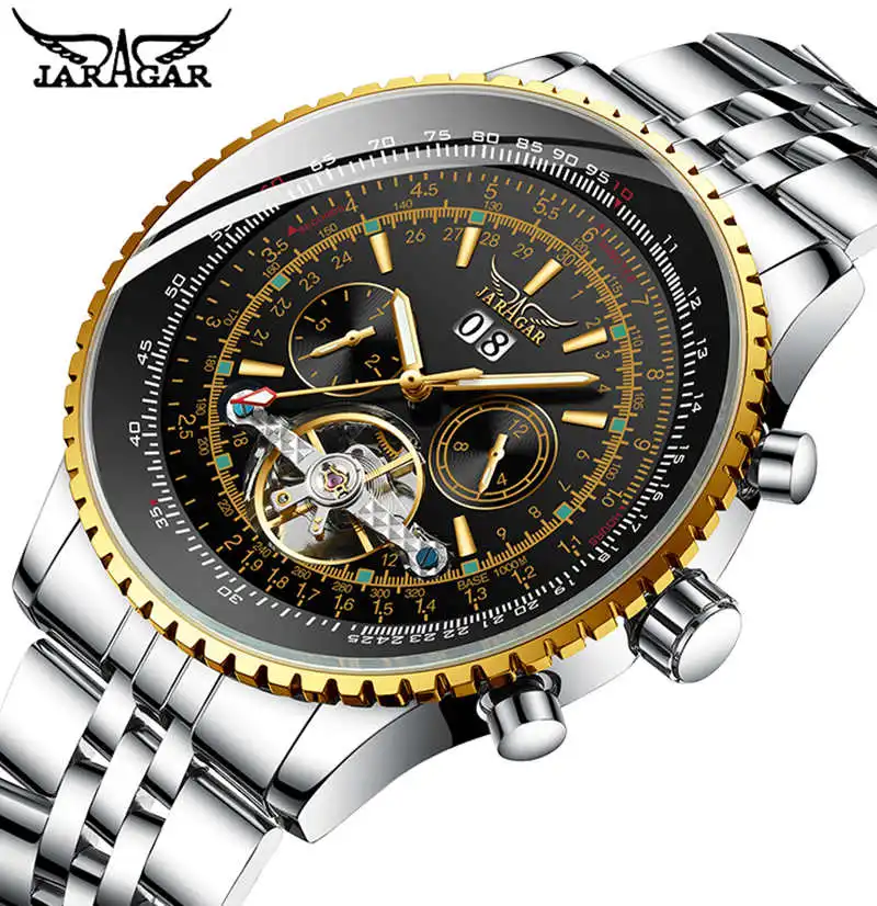 

Men Watch JARAGAR Golden Bezel Scale Dial Design Automatic Mechanical Watch Stainless Steel Mens Watch Relogio Masculino