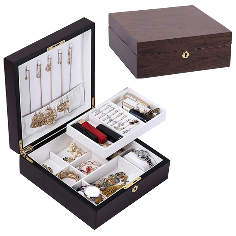 

Wooden Retro Jewelry Box With Lock Large Capacity Chinese Wedding Gift Multifunction Lipstick Bracelet Watch Storage Dressing Bo