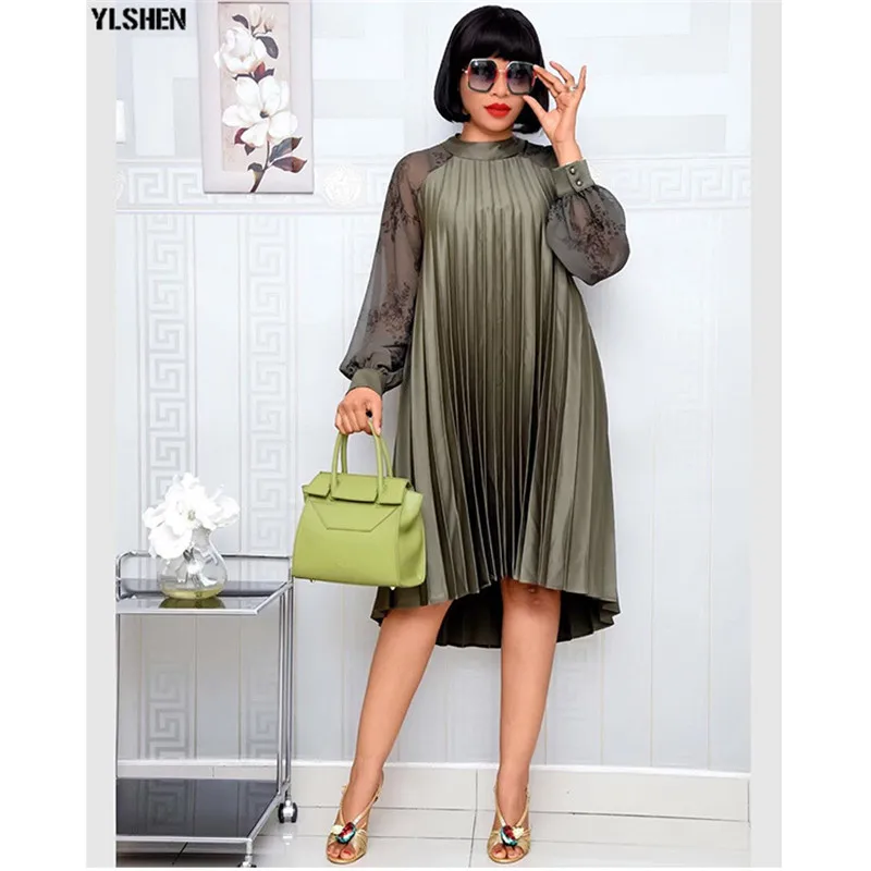 African Style Dresses for Women Casual Pleated Dress Elegant Chic Office Lady A-Line Africa Dress 2019 Autumn Winter Clothing 04