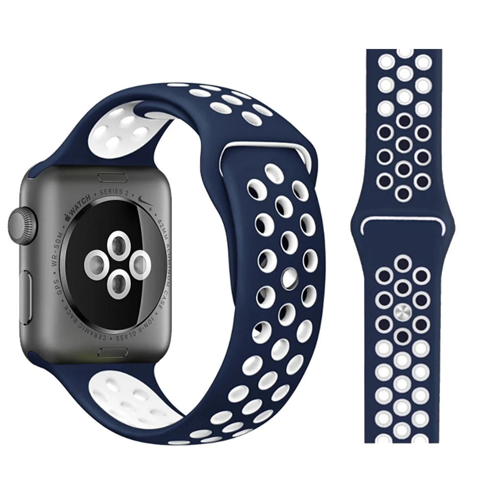 Dark blue with white Модный спортивный силиконовый ремешок для часов apple watch 42 мм, 38 мм, 40 мм, 44 мм, браслет Nike+ Iwatch series 5/4/3/2/1 - Цвет ремешка: Dark blue with white