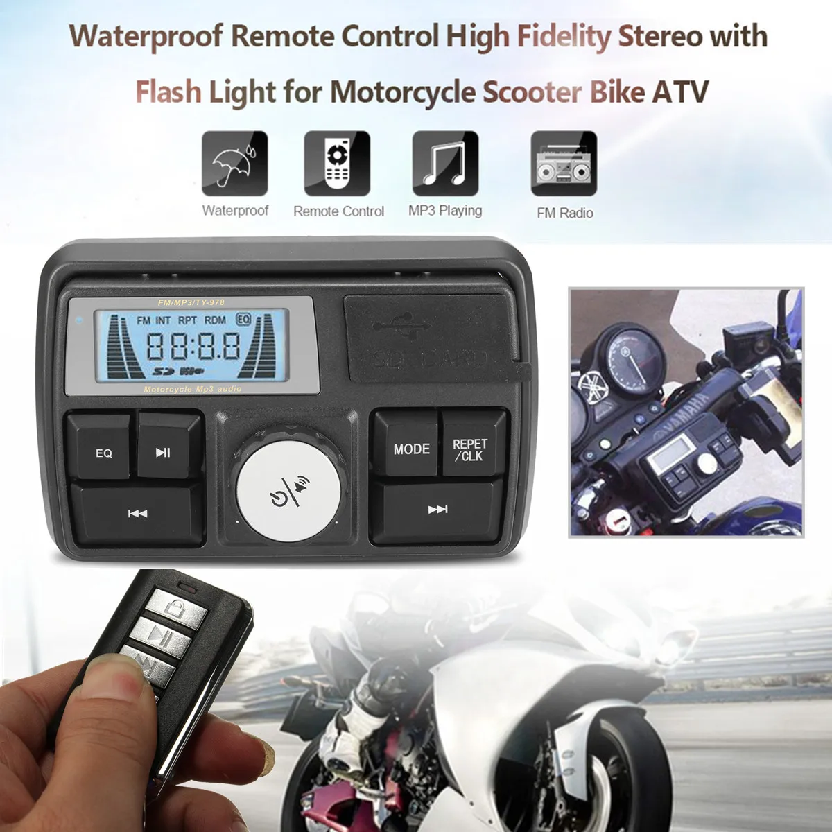 

Autoleader Motorcycle Audio MP3 Radio Sound System Stereo Speakers bluetooth Waterproof FM 5 EQ Functions LCD Display USB/SD/TF