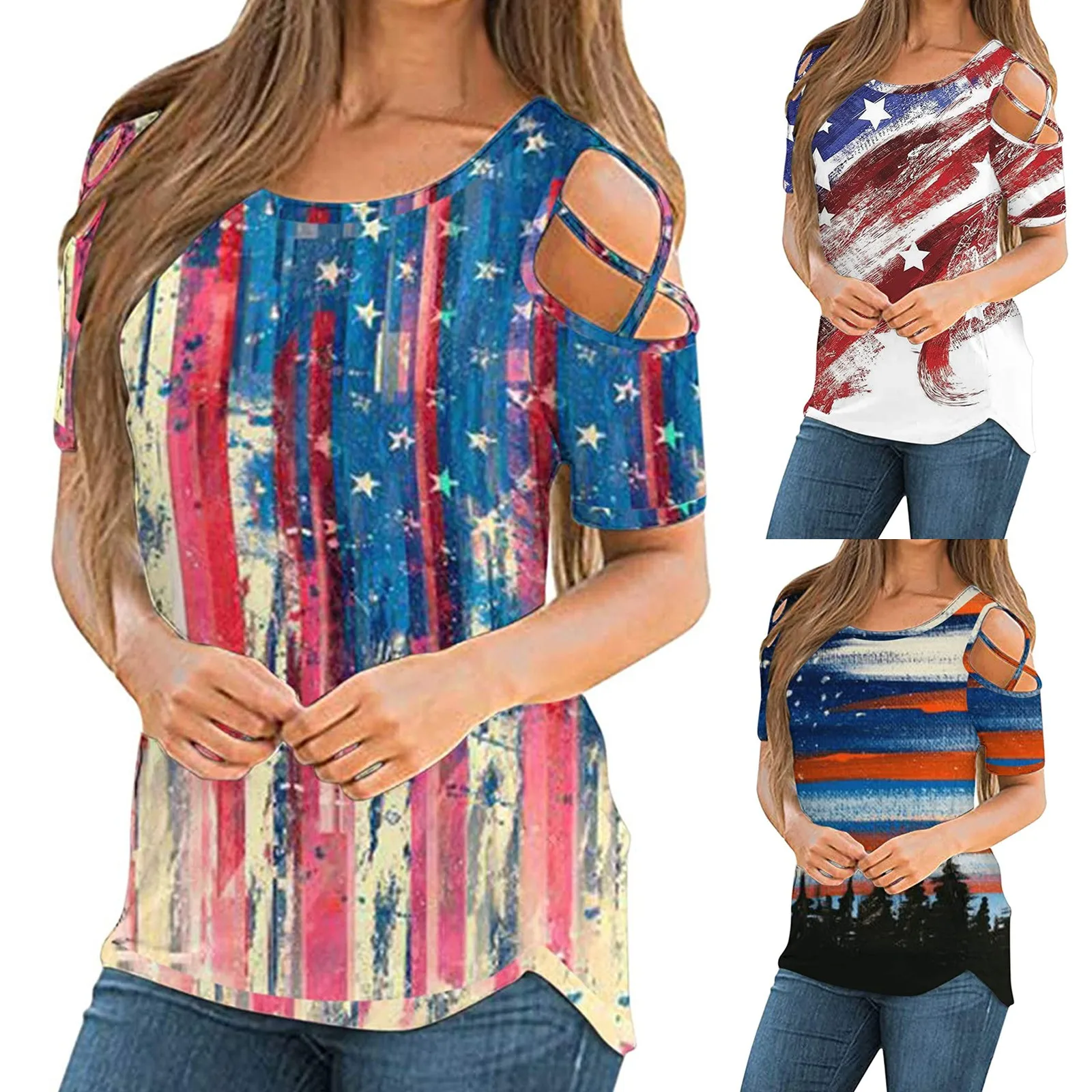 Women T-Shirt Casual O-Neck Off Shoulder Drawstring Short Sleeve Dependence Day Printed Loose Plus Size T-Shirt Clothing Mujer 2