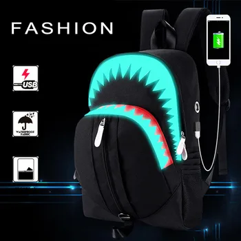 

Fashion USB Charging Night Luminous Backpack Shark Laptop Backpack Teenagers School Bag Mochila Travel Bag Black Boys Girls