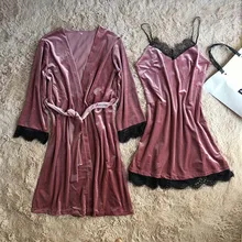 Женский комплект одежды из 3 предметов, женские зимние Бархатные теплые халаты, высококачественные сплошные кружевные лоскутные кимоно купальный халат, ночная рубашка