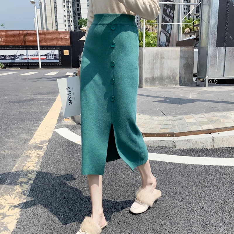 Skirts Women Knitted Cotton Women Korean Skirt Straight Button Knit Women Skirts Woman High Waist Split Skirt Faldas Mujer Moda