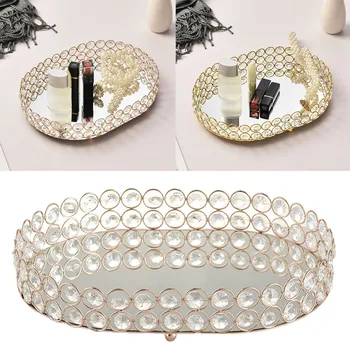 

Glass Crystal Gem Diamond Oval Mirror Glass Gold Candle Plate Decorative Tray