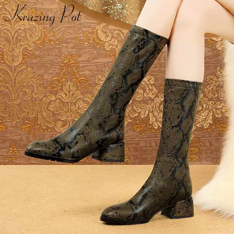 

Krazing Pot European style gorgeous print snake stretch boots round toe high heels women keep warm fashion mid-calf boots L90