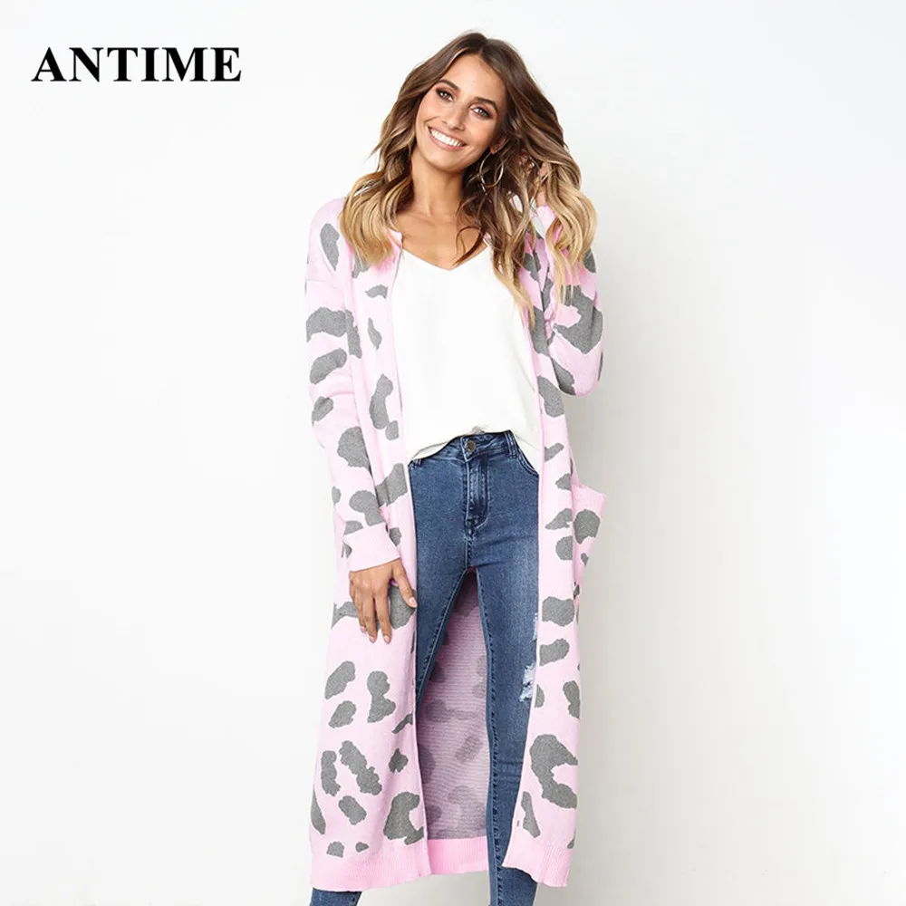 Antime Leopard Print Knitted Sweater Long Sleeve Cardigan Casual Autumn Winter Women Coat Pockets Plus Size Sweater Christmas