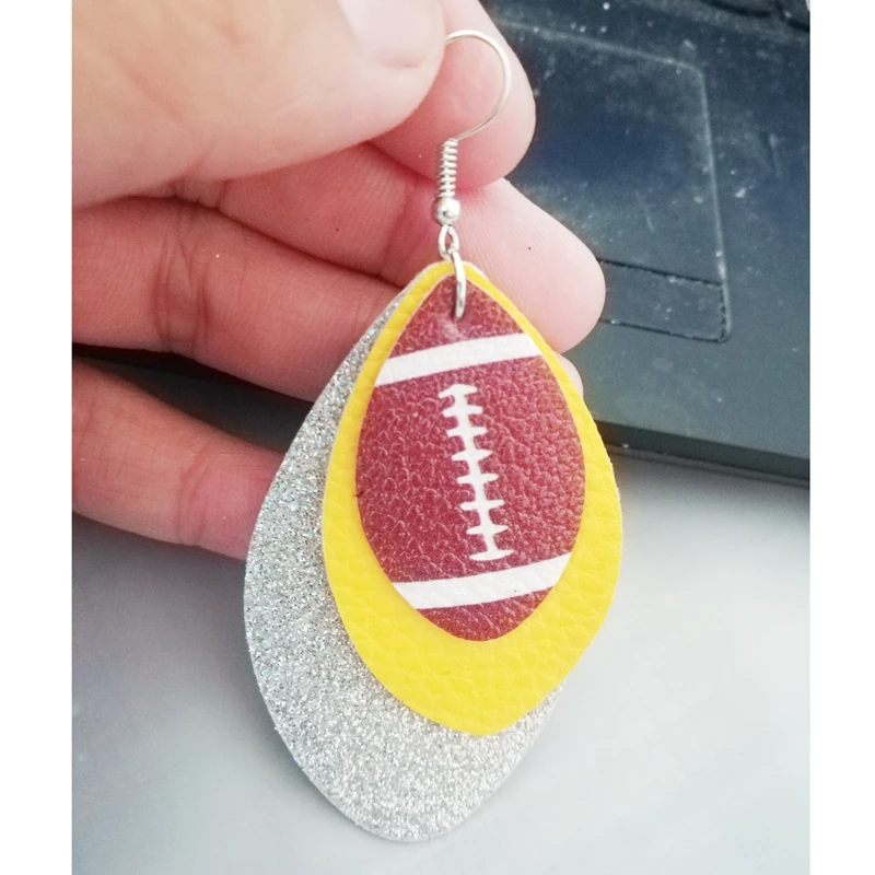 

Glitters Earrings 3D Football Layer Sequins Faux Leather Teardrop Earrings Color Layered Spirit Earrings Cheer Sport Customized