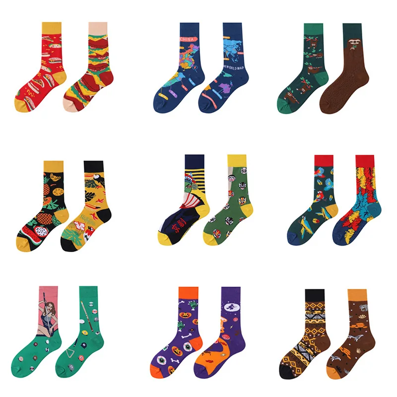 

Colorful Print Men's Socks Asymmetry Cotton Long Socks Man Harajuku AB Side Socks Unisex Calcetines Hombre