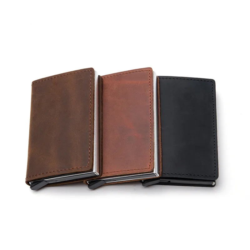 ZOVYVOL Genuine Leather RFID Card Holder Card Case Clutch Pop-up Wallet Aluminum Box Slim Smart Wallets