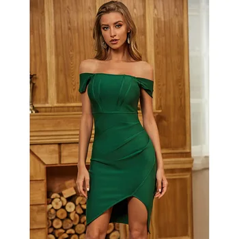 

feelycc New Summer Women Green Off Shoulder Bandage Club Dress Sexy Short Sleeve Bodycon Celebrity Runway Party Dress Vestido