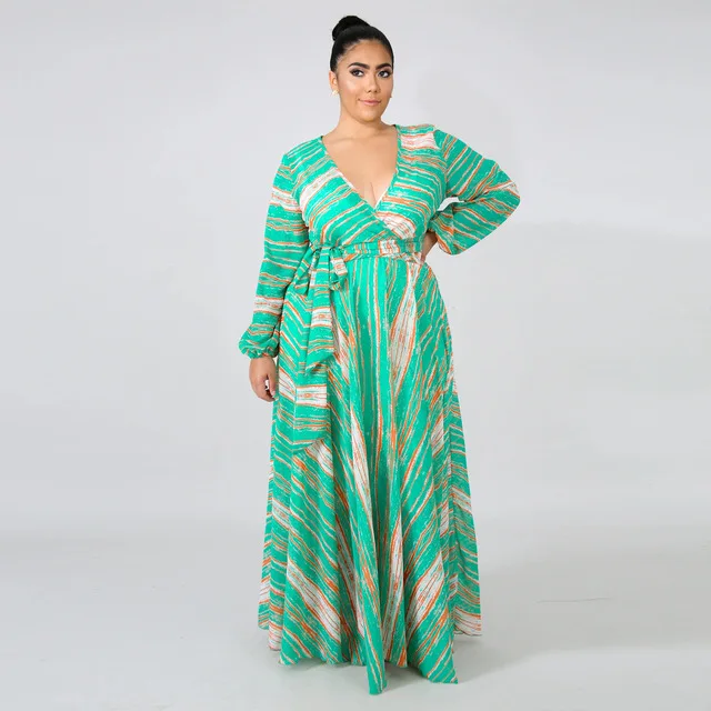 2021 Chiffon Long Sleeve Cross V-Neck Maxi Dress Bohemia Dress Full Plus Size Celebrity/Graduation/Dinner Dress Beach Sundress D5507 Green