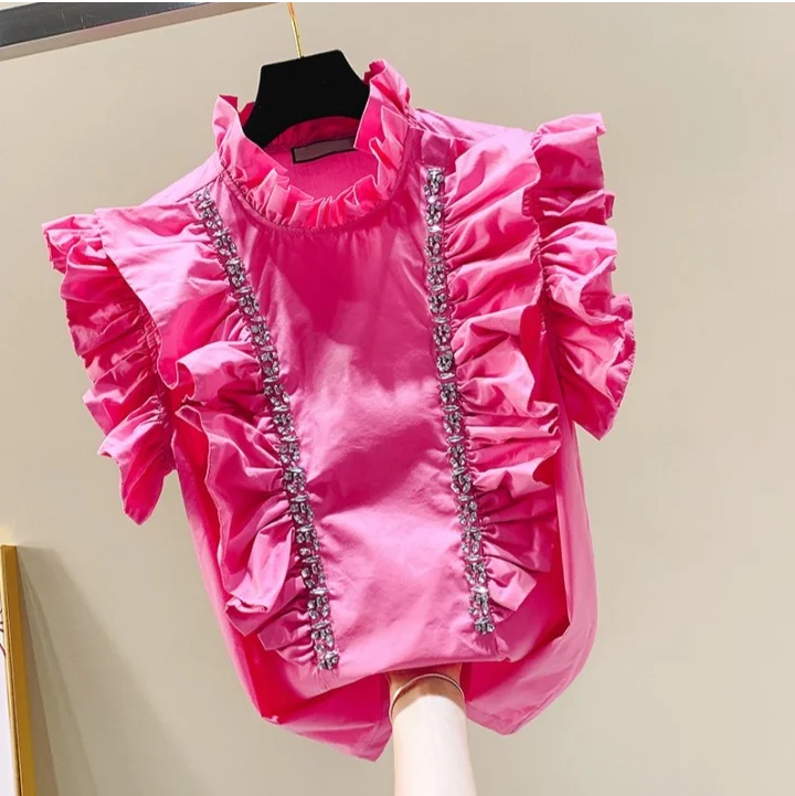 

Super Fire Short Sleeve White Shirt Female Sweet Flounces Beads Studded Chiffon Jacket Blouse Summer Autumn Ladies Tops Blouses