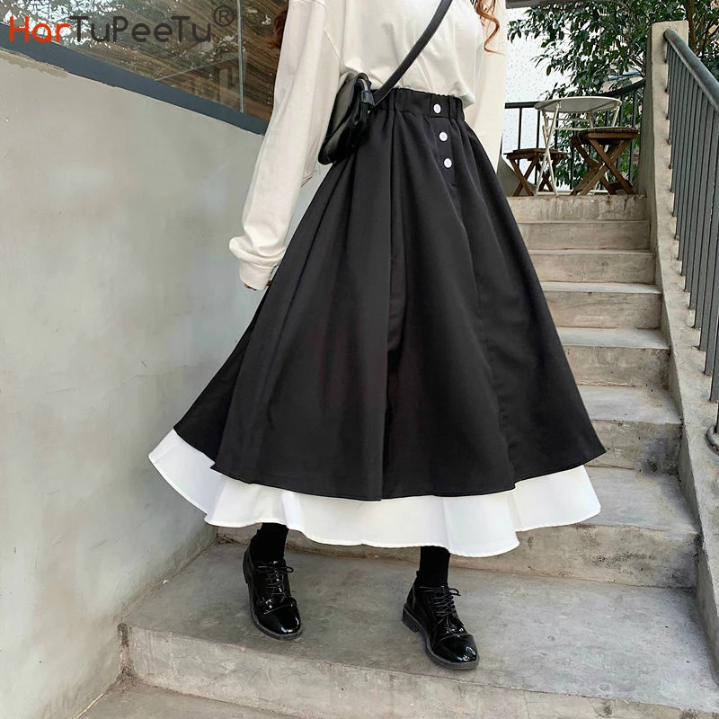 

Korean Style High Waist Skirt Women Gothic Black Midi Skirts 2020 Summer Patchwork 2 Layers Buttons Decorate Japan Plus Size 2XL