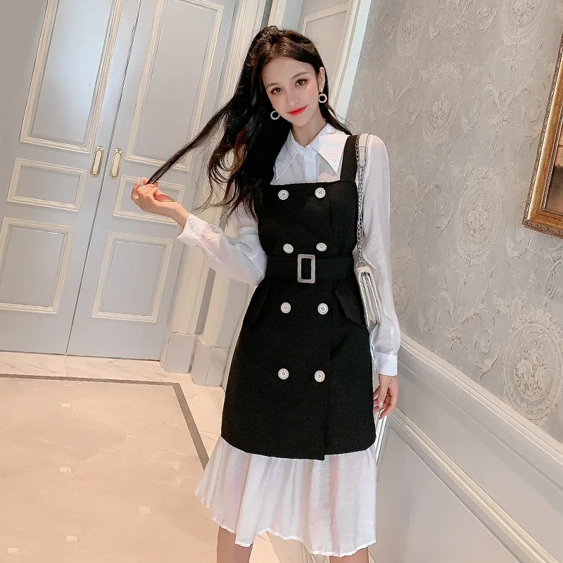 

2019 Autumn And Winter Fold-down Collar Flounced Long-sleeved Shirt + Double Breasted Strapped Dress Two-Piece Set Belt Included