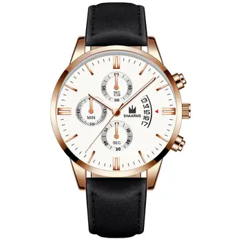 

Fashion Men'S Rose Gold Case Watch Luxury Leather Band Stainless Steel Quartz Wristwatch Male Sport Watches Man Business Clock