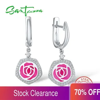

SANTUZZA Silver Earrings For Women 925 Sterling Silver Dangle Rose Earrings with Stones Cubic Zirconia brincos Jewelry Enamel