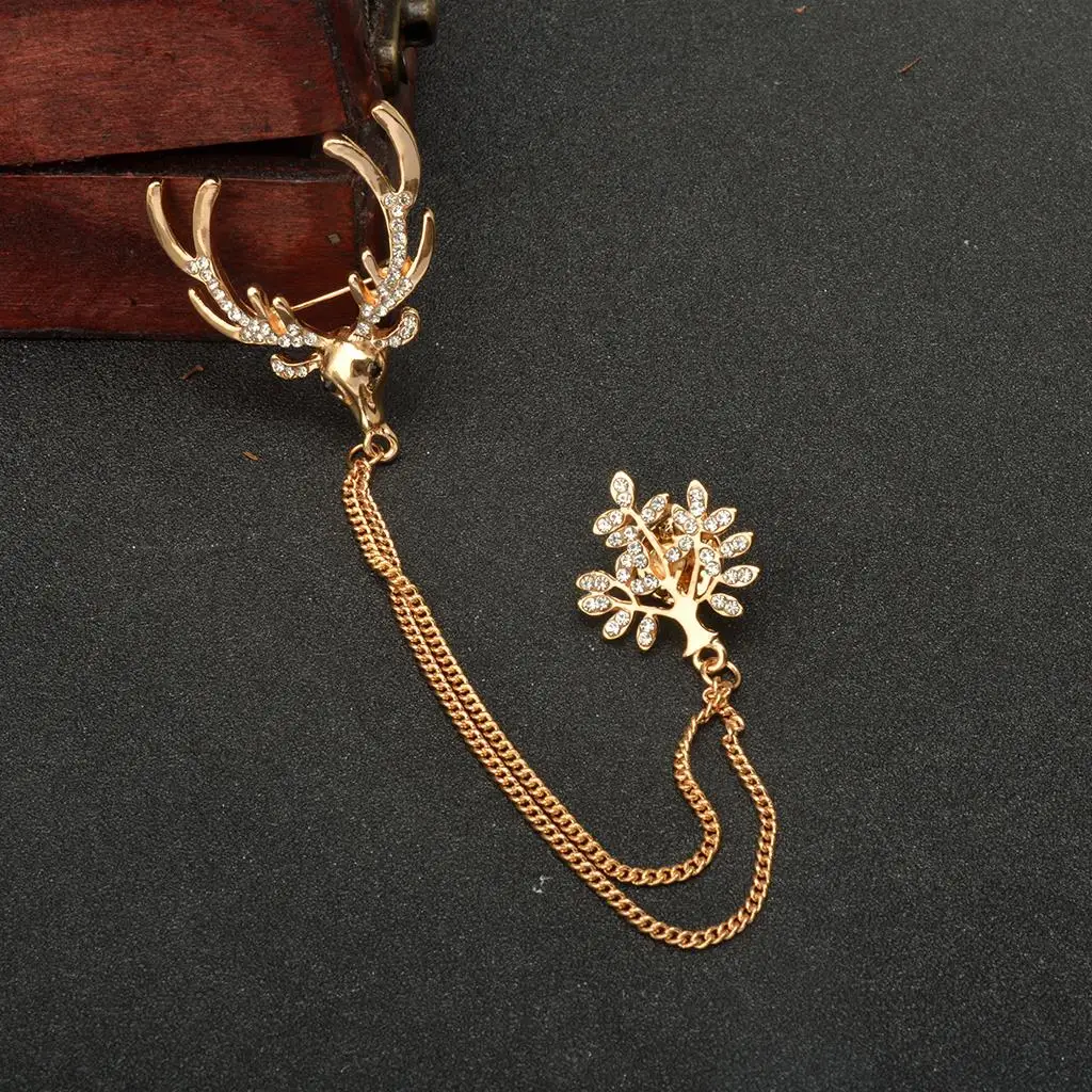 Gold Deer Tree Collar Neck Tip Brooch Lapel Pin Chain Jewellery Gift for Men Women