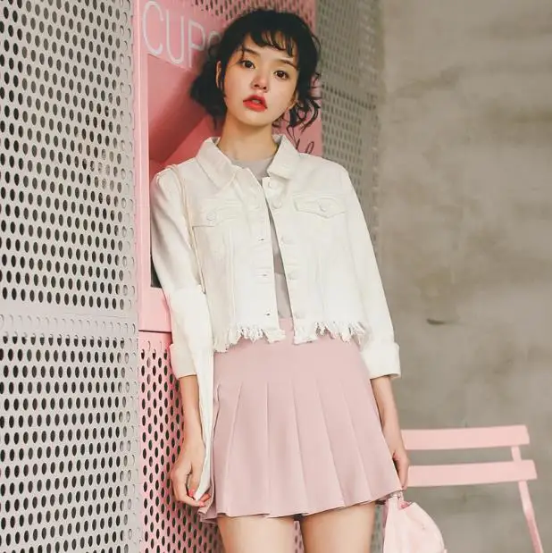 2020 Для женщин белые короткие джинсовая куртка слим Ruched с бахромой и длинными