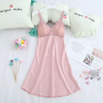 

Summer Women Nightdress Pink Lace Trim Spaghetti Strap Nightgown V-neck Mini Sleep Dress Kimono Gown Casual Negligee