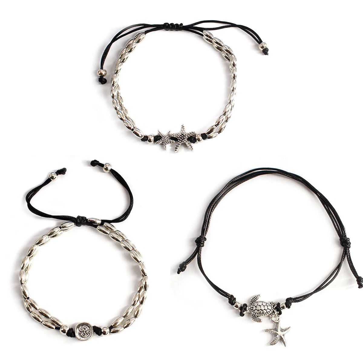 

3 Pcs/ Set Silver Color Rope Chain Beads Anklets Summer Beach Starfish Bohemian Ankle Bracelets for Women Accessories