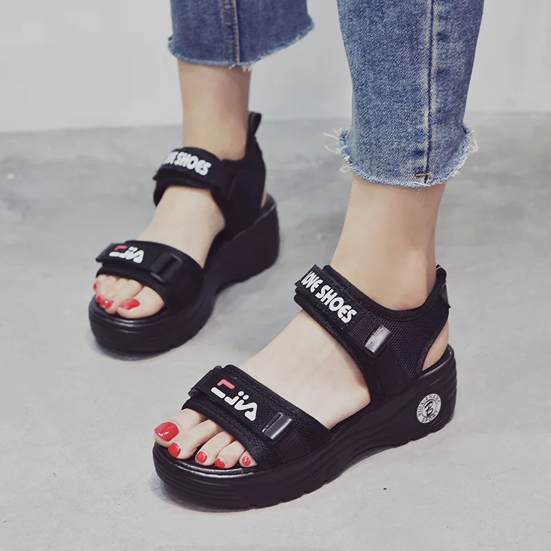 

Sports Sandals Women's 2019 Summer New Style Korean-style Students Semi-high Heeled Mesh Casual Open Toe Platform Anti-slip Sand