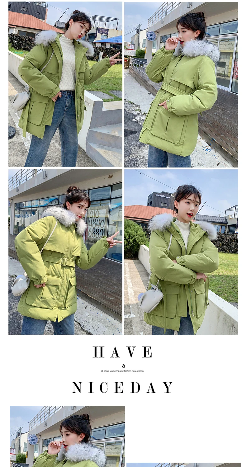 Down Belt Lady Long Cotton Loose Women's Winter Coat With Fur Collar Autumn Pocket Park Women's Long Coat Puffer Jacket