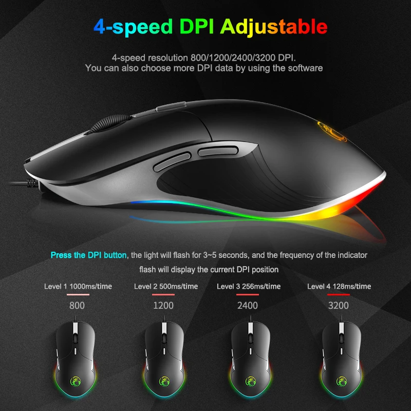 IMICE X6 Gaming Mouse - 4-Speed DPI Adjustable 800 1200 2400 3200 DPI - RGB Side Lighting