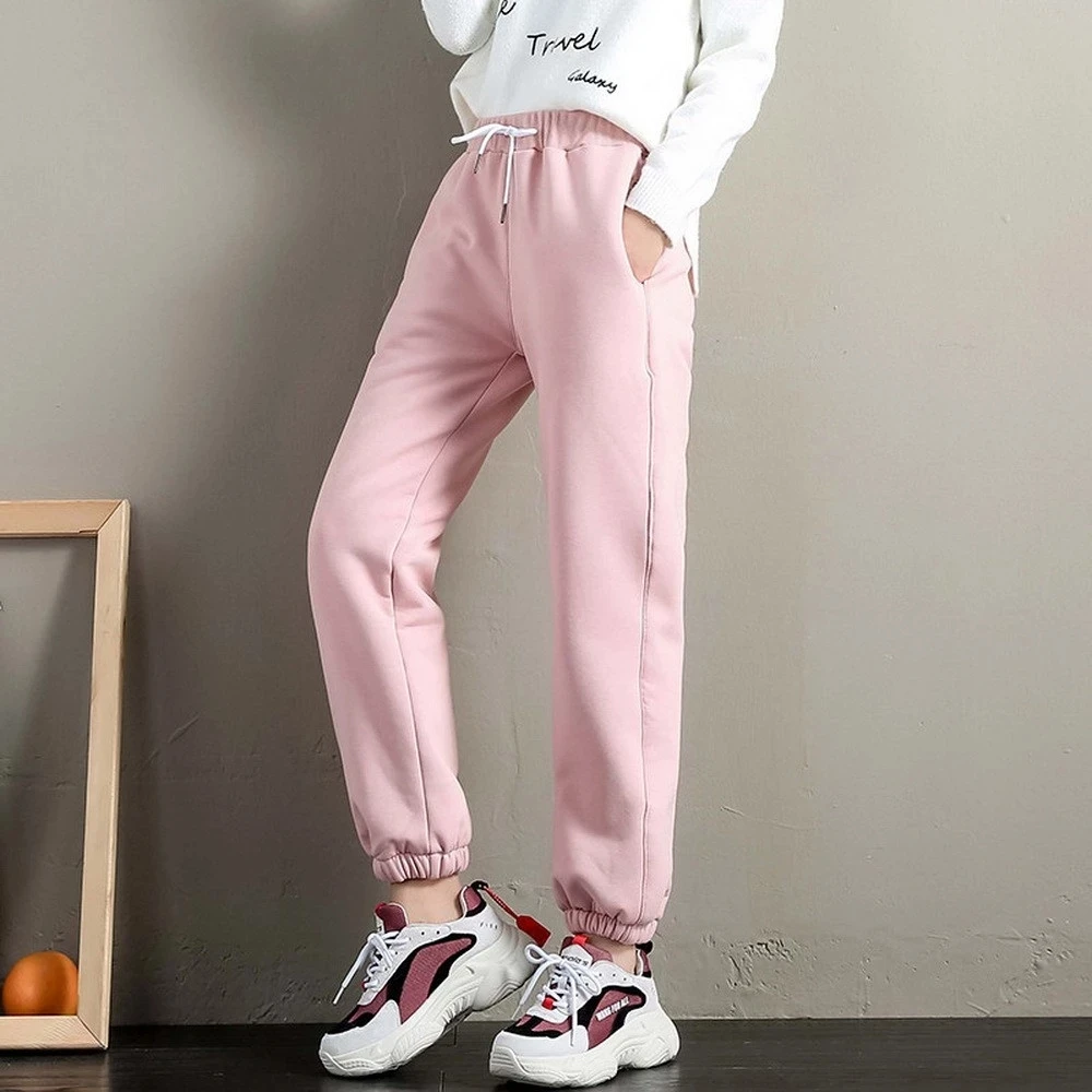 capris 2021 Winter Women Fleece Pants Solid Color Thick Plush Warm Trousers Female Casual Drawstring Workout Leggings Loose Sweatpants plus size capris