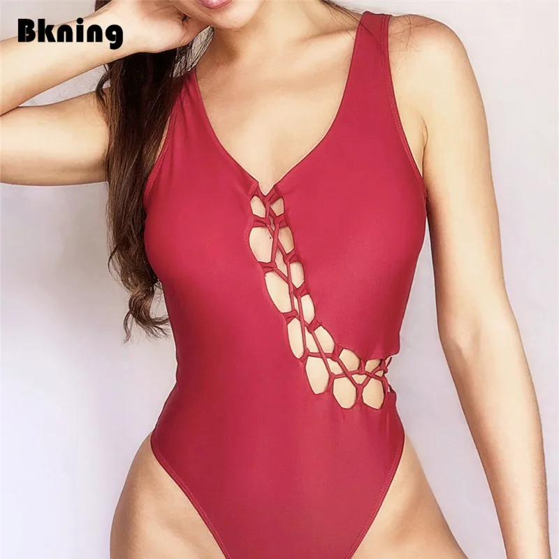 

Cut Out Swimsuit One-Piece Swimwear Sexy String Bathing Suits for Women High Leg Solid Swimming Suit Red Strappy Thong Monokini