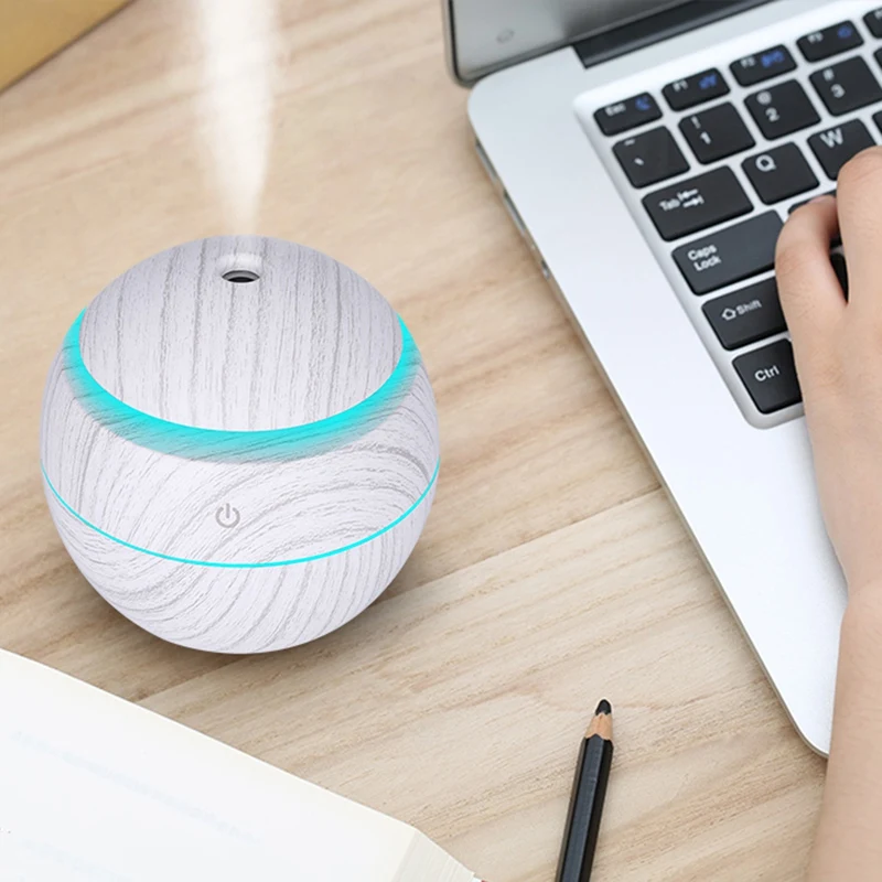 

New 130Ml Mini Electric Air Humidifier Usb Charge Aroma Diffuser Ultrasonic White Wood Grain With 7 Color Led Light For Home