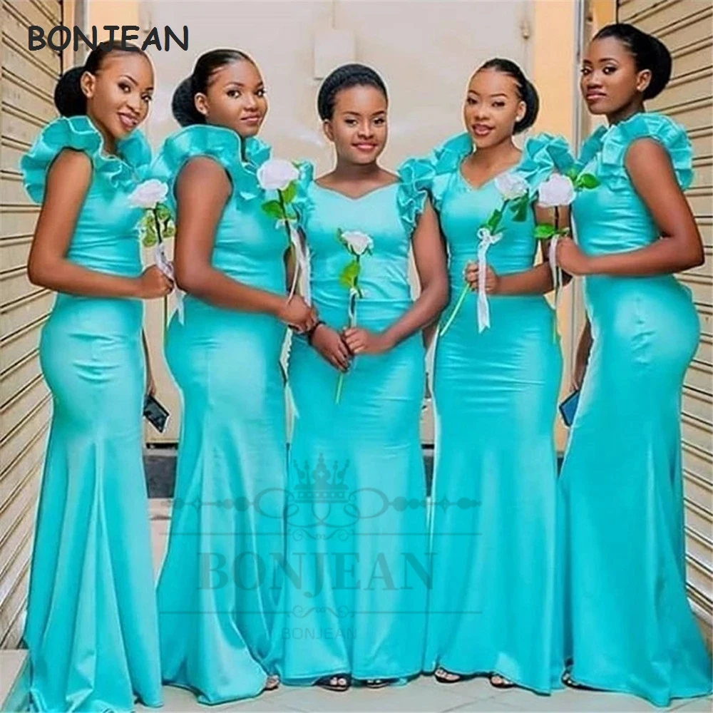 

Ice Blue Off-the-Shoulder Bridesmaid Dresses Mermaid 2021 Elastic Satin Black Girls Bridesmaid Dress African Wedding Party Gowns