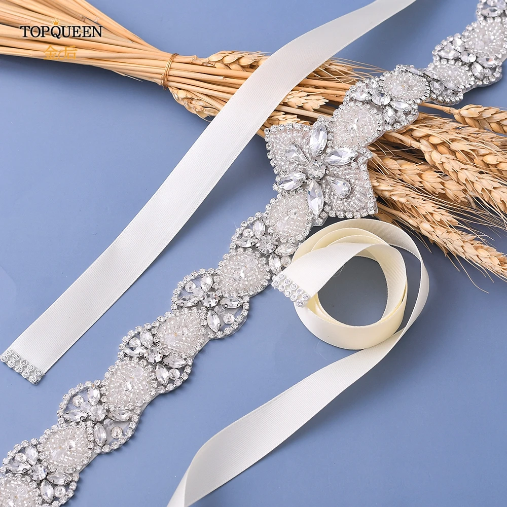 

TOPQUEEN S411 Diamond Wedding Belts Bridal Dresses with Rhinestones Handmade Beaded Applique Women Gown Sparkly Decoration Sash