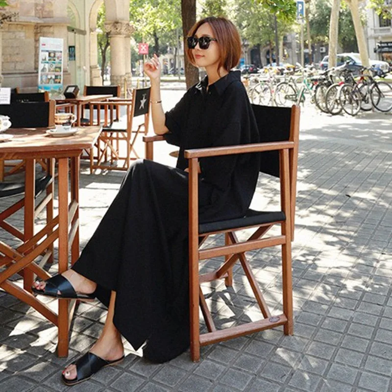 

Spring Summer Korean-style over-the-Knee Long Dress Women's Loose-Fit Short-sleeved Polo Shirt BF Style Large Size T-shirt Expli