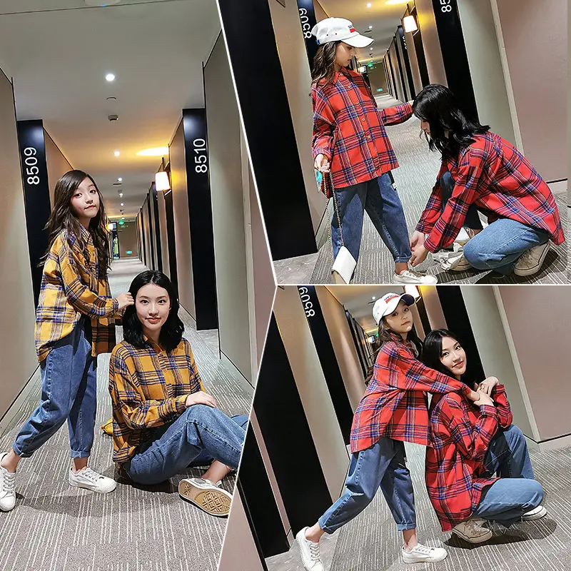 Mom Girl Matching Family Plaid Shirts Spring Autumn Long Sleeve Mother and Daughter Clothes Blouse Family Matching Outfits