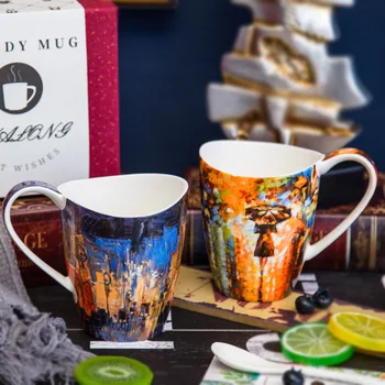 

Literary Retro Style Bone China Mug Large Capacity Water Cup Tea Cup Coffee Cup European Oil Painting Style Couple Pair Cup