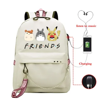 

Teenager School Bag Girls Pokemon Friends Backpack Backbag Fashion Women Travel Casual Backpacks Usb Charging Canvas Bookbag