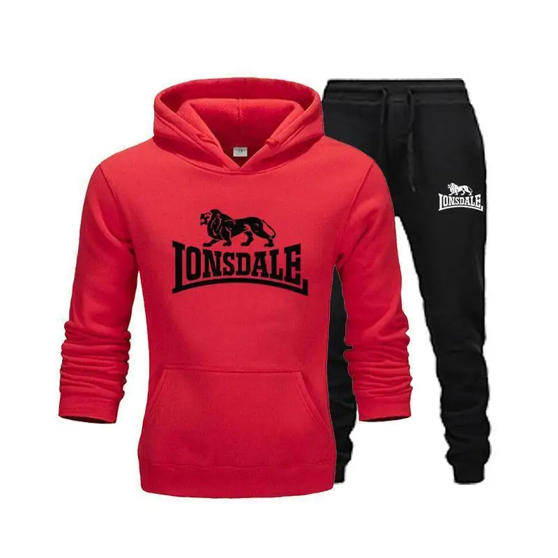 Tendencias de la moda de LONSDALE los hombres sudaderas con capucha trajes de chándal de la marca de los hombres sudaderas de Hip Hop + Pantalones de chándal de otoño e invierno con capucha suéter