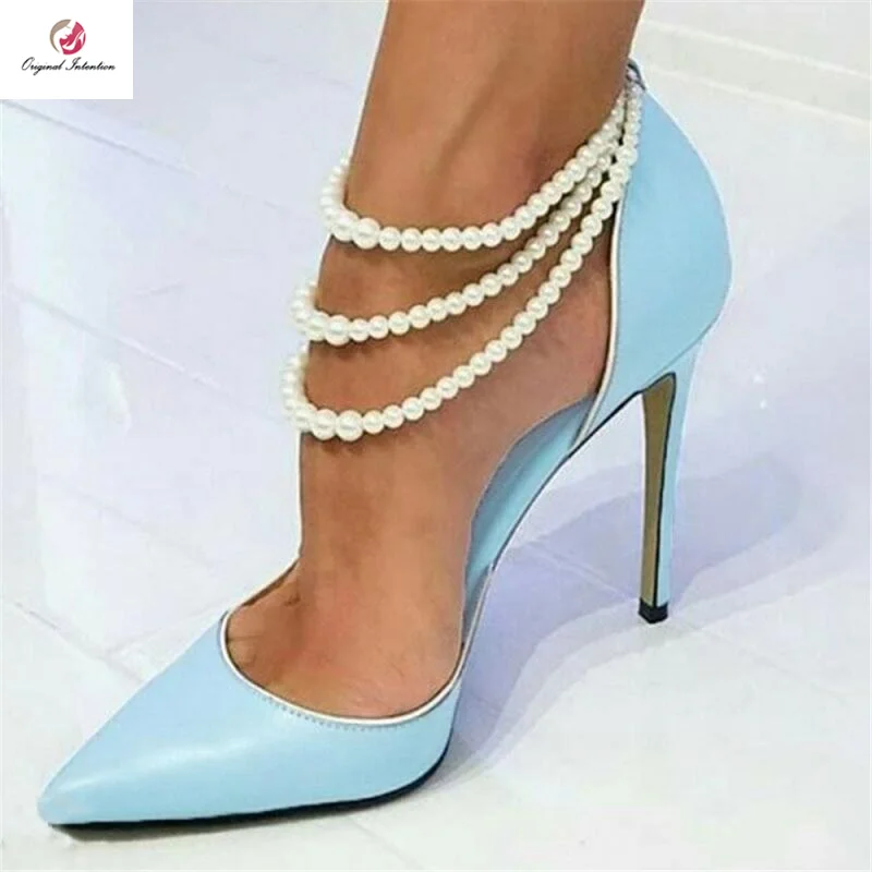 Zapatos de tacón con perlas azul cielo para mujer, calzado elegante con cadena en el tobillo, punta estrecha, tacones altos, Buty Damskie, para boda y Original - AliExpress
