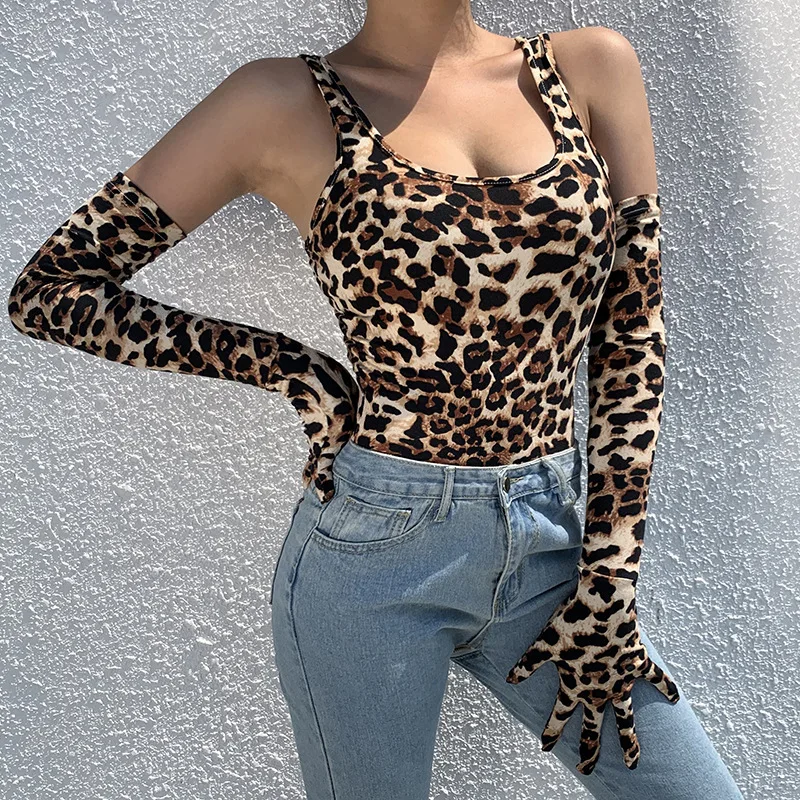 ZKYZWX Леопардовый принт, сексуальный боди для женщин мода Nova эластичный длинный рукав водолазка с перчатками Cheetah Club Облегающий комбинезон Топ