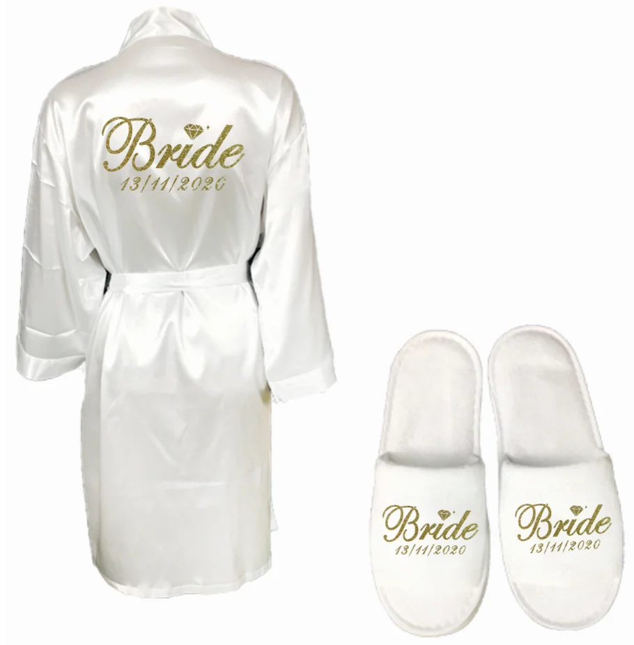 gold robe slipper PARARTDIY комплект из 3 предметов для невесты; атласный короткий халат; тапочки для невесты; пеньюар для невесты; femme; вечерние туфли для невесты; коллекция года; подарки для невесты - Цвет: gold robe slipper