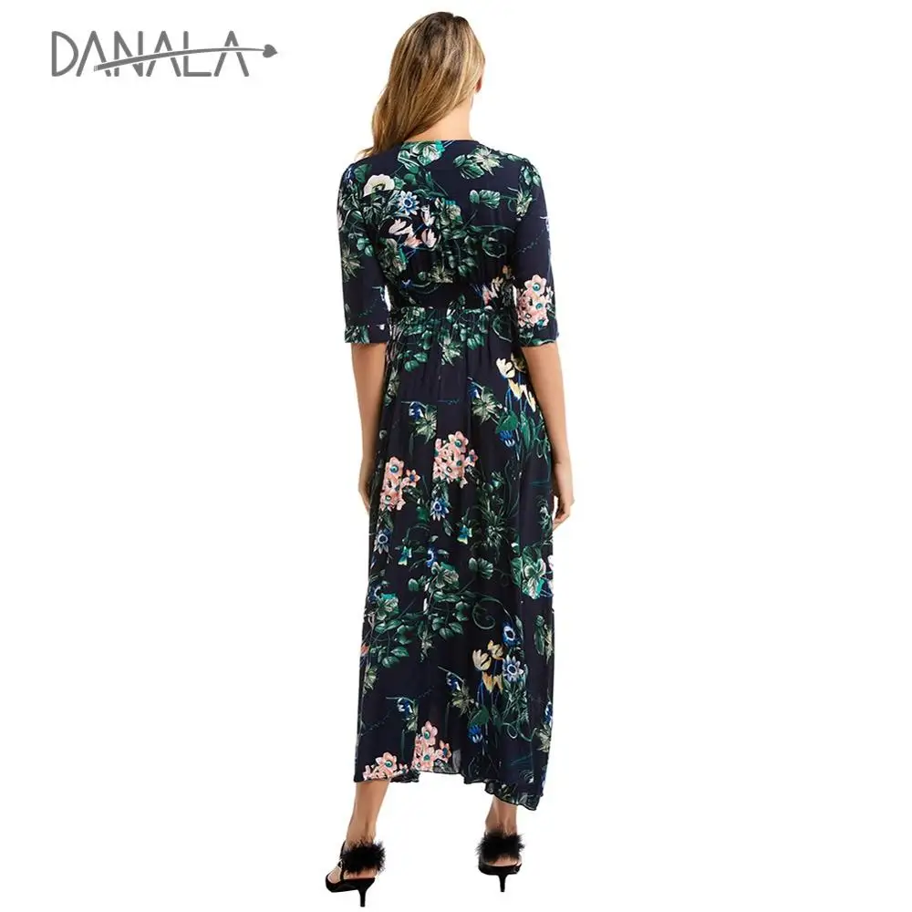 DANALA осеннее шифоновое длинное платье с цветочным принтом для женщин, платье с высокой талией и рукавами, элегантное весеннее платье с v-образным вырезом для женщин